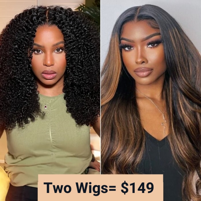 $149=2 Wigs | Nadula 20 Inch Kinky Curly V Part Wig and 16 Inch 180% Density 13x5x0.75 Lace Part Blonde Highlights Body Wave Wig Flash Deal