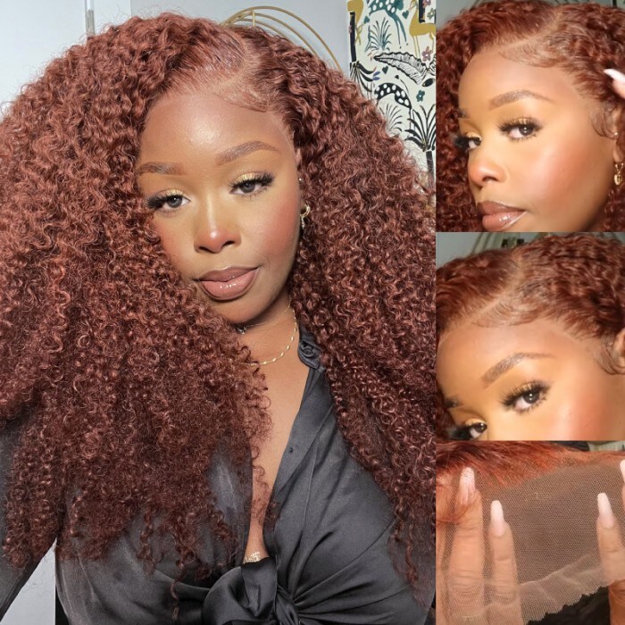 Nadula 13x4 Kinky Curly Lace Frontal Wig Reddish Brown Lace Front Human Hair Wigs Dark Auburn Color 
