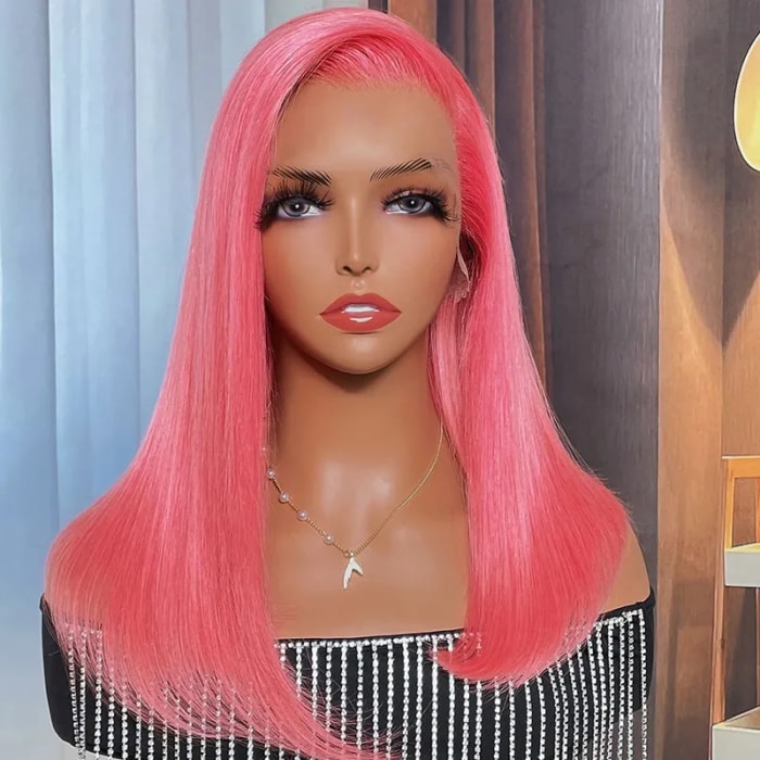 【All Inches $99】Nadula Shoulder Length Straight Blunt Cut Pink Bob Wig 13*4 Lace Front Pink Color Blunt Cut Wig