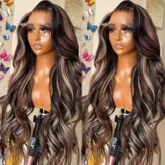 Nadula 13x4 Blonde Highlight Wig Body Wave Lace Front Human Hair Wigs with Balayage Highlights