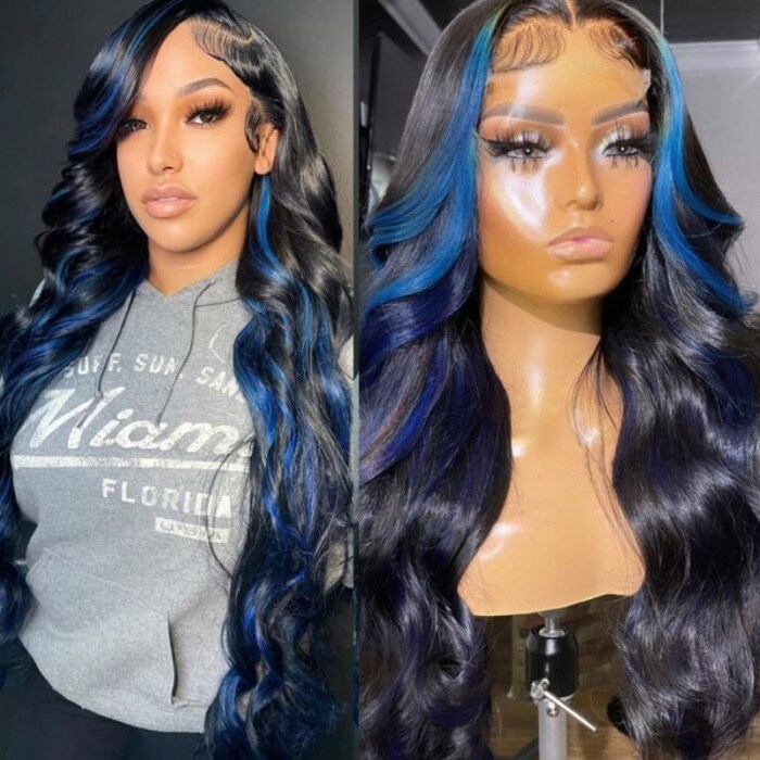 Nadula 13x4 Blue Highlight Wig Pre-plucked Body Wave Lace Front Wig Colored Human Hair Wigs 150% Density