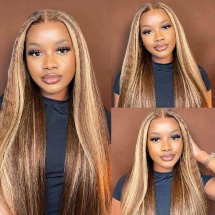 Nadula Kinky Straight Highlight Wig 13x4 Lace Front Human Hair Wigs with Upgraded Pre-plucked Natural Hairline