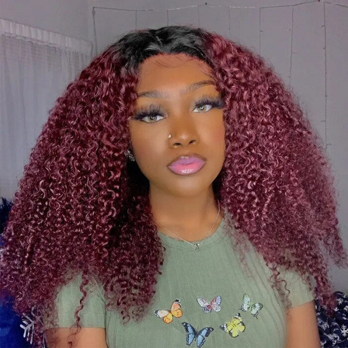 [26Inch = $139] Nadula Glueless V Part Jerry Curly Wig 99J Burgundy Red Color With Dark Roots Beginner Friendly