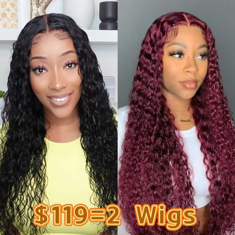 [$119= 2Wigs]Nadula 16 Inch Kinky Curly Lace Part Wig + 16 Inch V Part Jerry Curly Wig 99J Burgundy Red Color Wig