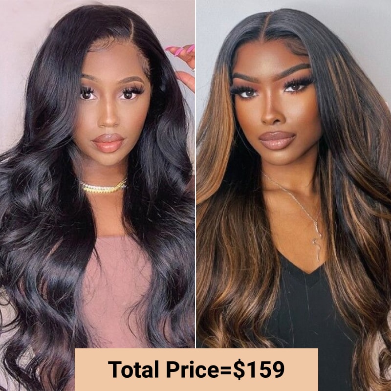 $159=2 Wigs | Nadula Body Wave 20 Inch Brown Highlight Wig And 16 Inch Natural Black Wig