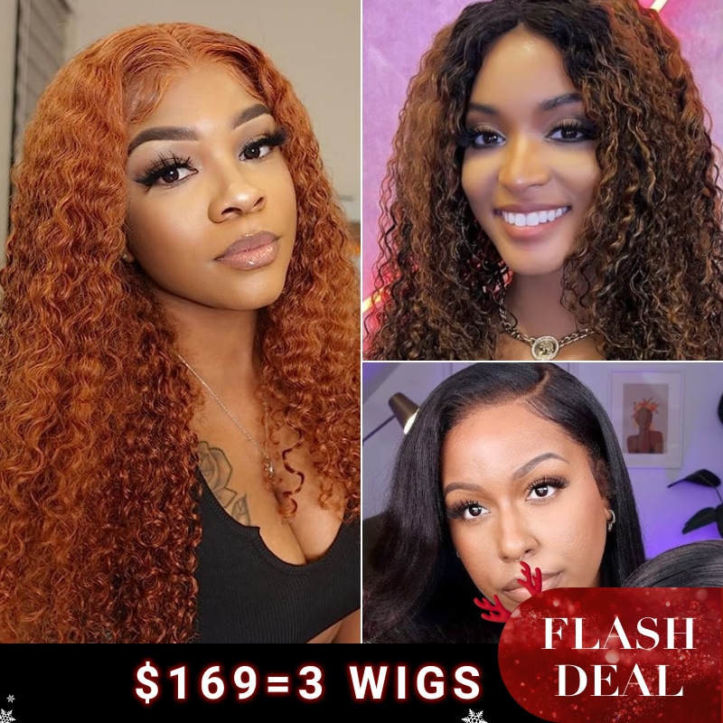 $169=3 Wigs | 20 Inch Balayage Brown Jerry Curly Highlight U Part Wig +16 Inch 4x0.75 Lace Part Jerry Curly Ginger Color Wig+10'' Pre cut 6x4.5 Lace Bob Wig