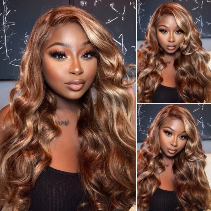 Nadula Golden Brown With Flaxen Highlights Loose Body Wave 13x4 Lace Front Wig 