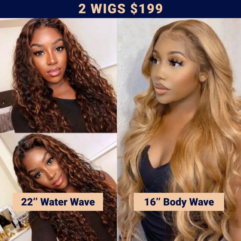 Nadula $199 =Two Wigs 22‘’ V part  Balayage Water Wave Wig With lace part 16'' Copper Brown Body Wave Wig 