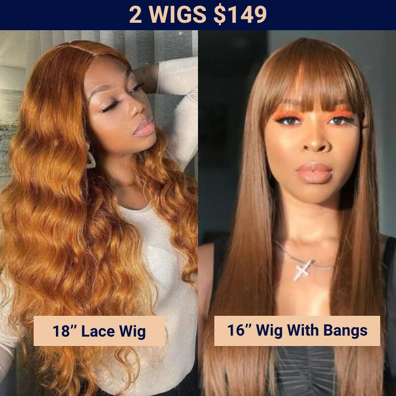 Nadula $149 =Two Wigs 18 Inch Honey Blonde Body Wave Lace Part Wig With 16 Inch Chocolate Brown Color Straight With Bangs Wig