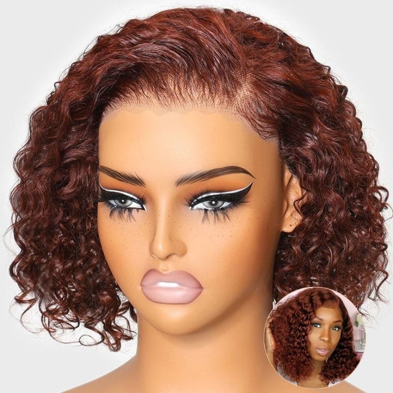 Bye Bye Knots Wig 2.0™ | Nadula Short Deep Small Curly 7x5 Reddish Brown Color Put on and Go Human Hair Wig