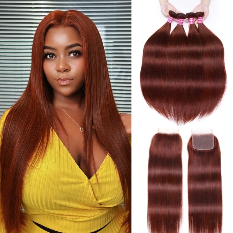 Nadula Dark Ginger Straight Hair Bundles with Closure 33B Reddish Brown Lace Closure with 4 Bundles Auburn Human Hair with Closure