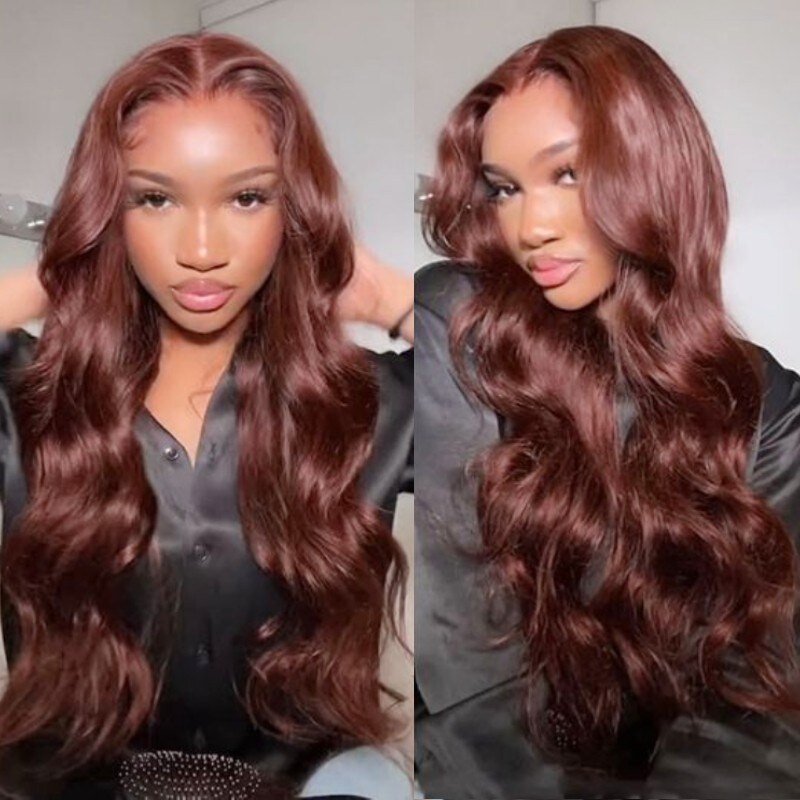 Nadula Auburn Color Body Wave Wig Affordable 13x1 T Part Lace Frontal Wig #33B Reddish Brown Colored Human Hair Wigs
