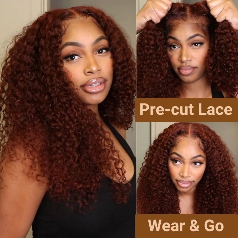 16'' Nadula Flash Sale Wear Go Glueless Reddish Brown Curly Pre-cut Lace Closure Wig With Baby Hair