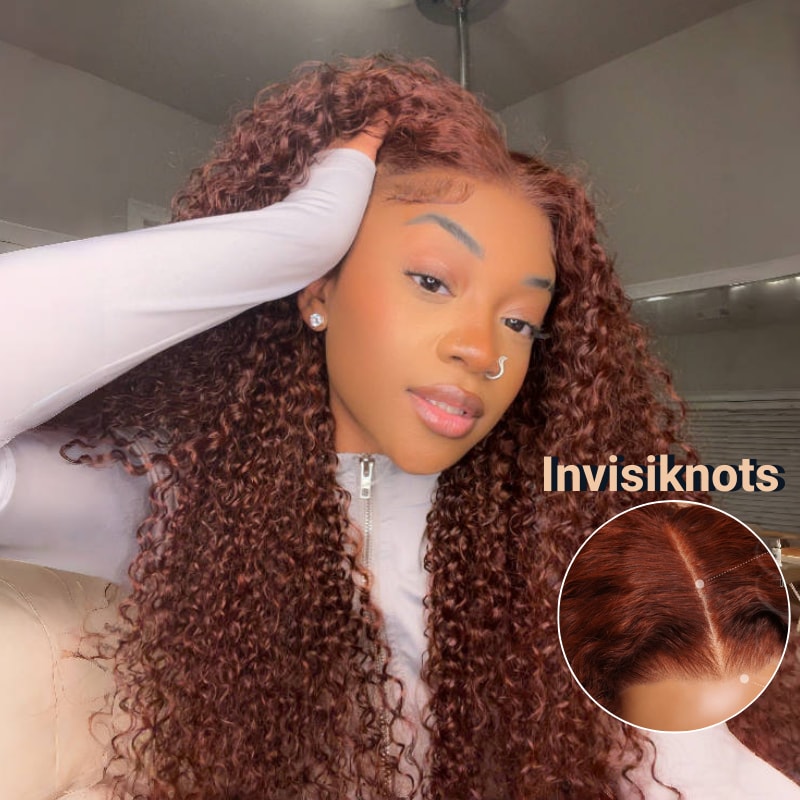OnlyOneJess Approved Nadula Bye Bye Knots Wig | 7x5 Invisible Knots Reddish Brown Curly Wig 150% Density