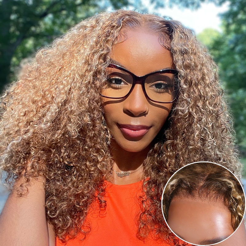 Nadula 6x4.5 Pre-Cut Lace Wig Wear and Go Honey Blonde Jerry Curly Highlight Wig 150% Density 