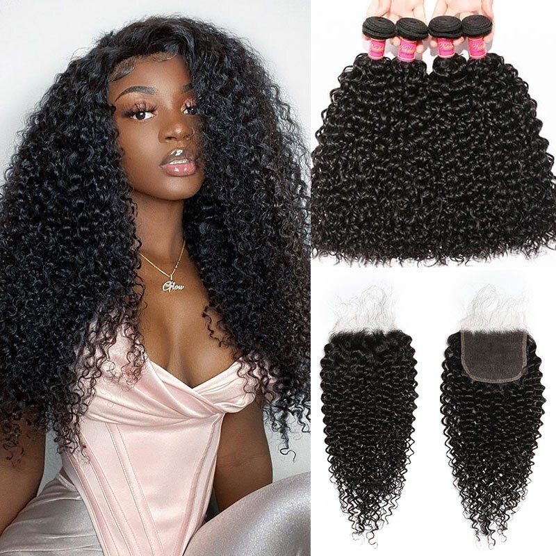 Nadula 4pcs Curly Human Hair Weaves With 5x5 HD Lace Closure Unprocessed Curly Lace Closure With Bundles