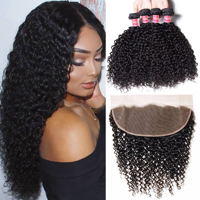 4pcs Curly Virgin Hair Bundles With Lace Frontal Closure 13x4