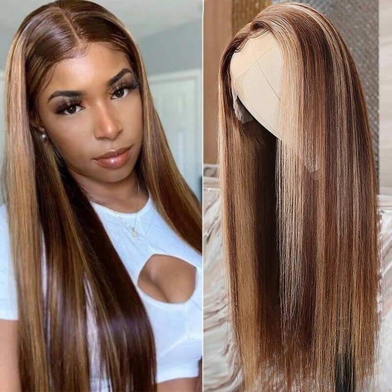 Nadula Brown Wig With Baby Hair Blonde Highlight Straight Lace Front Wigs For African American Women 150% Density	