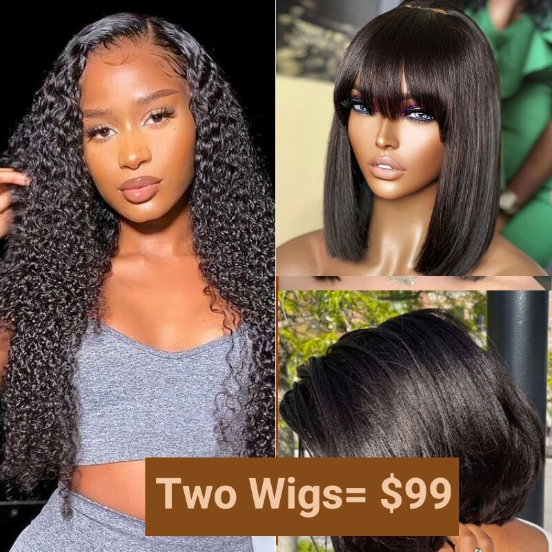 Nadula $99 Get Two Wigs 16 Inch Jerry Curly U Part Wig With 10 Inch Short Bob Natural Black Wigs With Bangs
