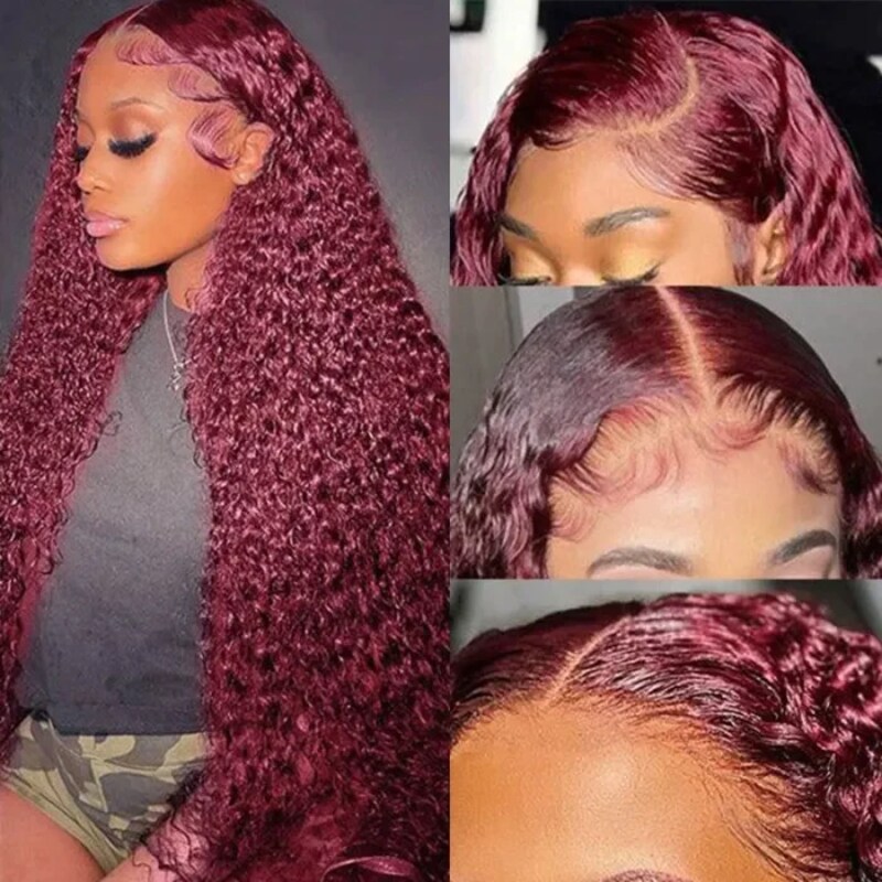 Nadula Flash Sale 16 Inch 4x4 Lace Closure Wig Jerry Curly Affordable 99J Burgundy Colored Wig