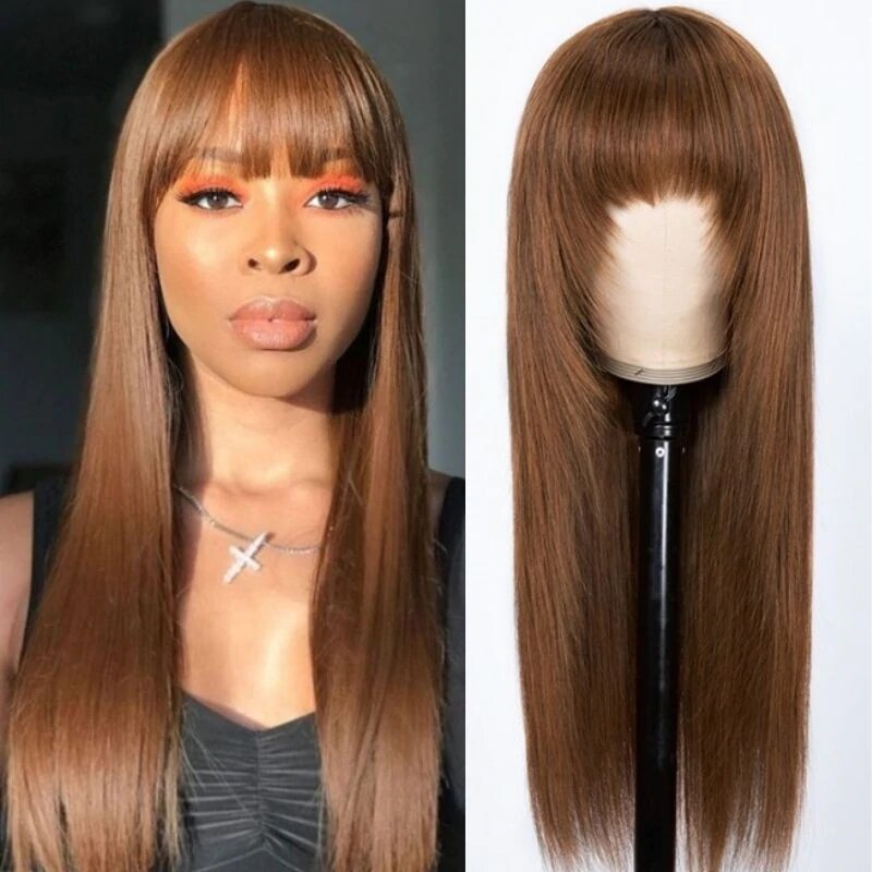 Nadula Dark Brown #4 Color Straight Wig Glueless Layer Cut Wig 100% Human Hair Wig With Bangs