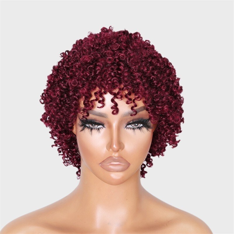 Nadula Burgundy Red Afro 4C Kinky Coily Curly Wig With Bangs Capless Cap 