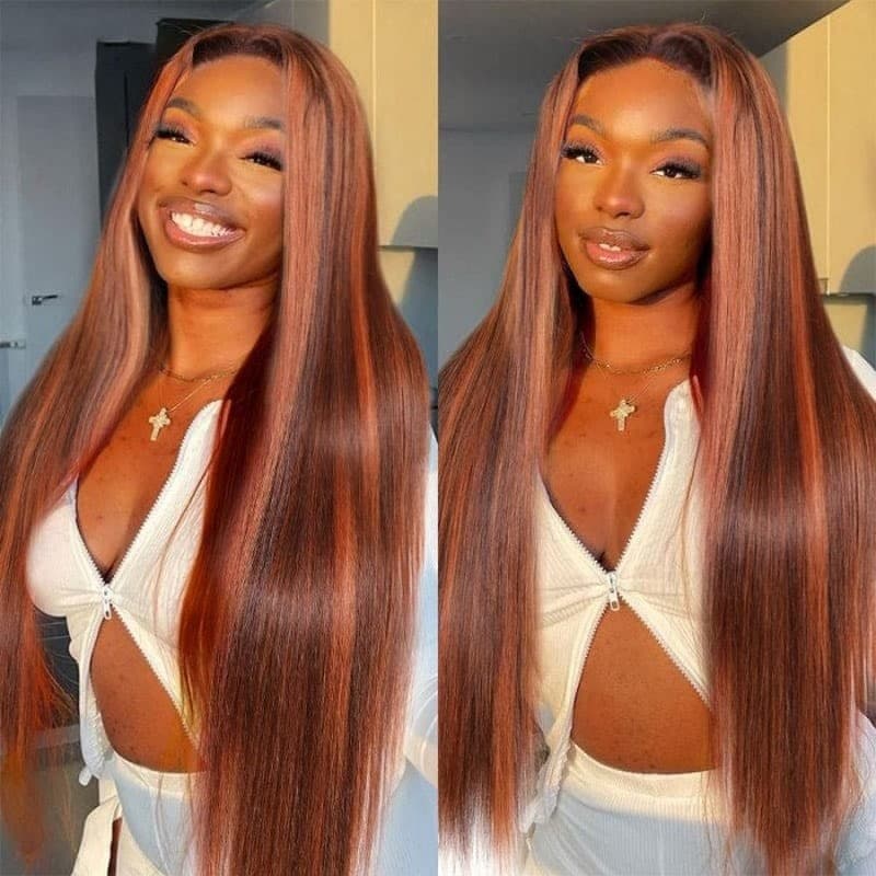 [All Inches=$119] Nadula Mixed Ginger Highlights 4C Kinky Straight Lace Frontal Wig