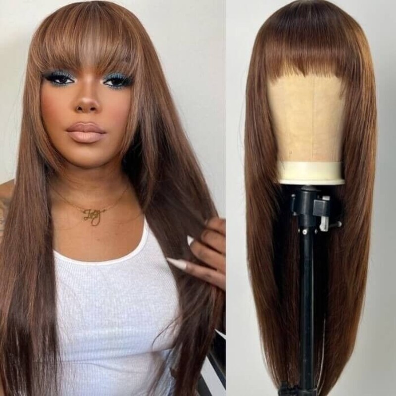 Nadula Flash Sale Chocolate Brown Color Straight With Bangs Classic Cap Layer Cut Wigs