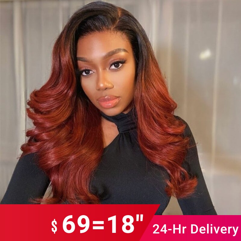 Nadula Clearance Sale Glueless V Part Body Wave Wig Copper Red With Dark Roots Ombre Wigs