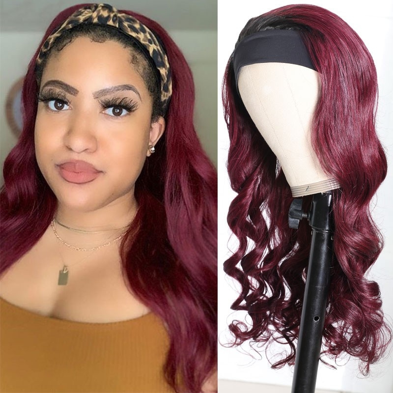 Nadula Ombre 99J Color Body Wave Wigs 100% Human Hair Headband Wigs Beginer Friendly