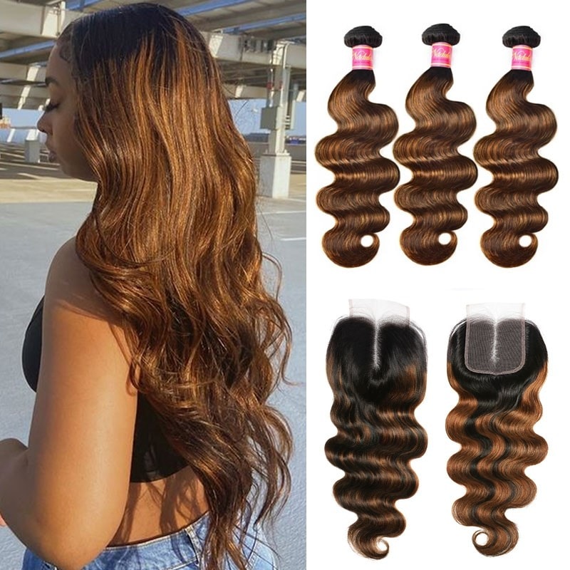 Nadula Highlight Ombre Human Hair Bundles With Closure Balayage Color Body Wave 3 Bundles With Lace Closure