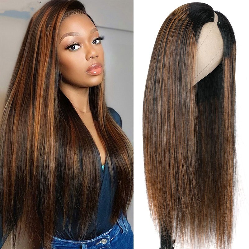 Nadula Brown Highlight Straight V Part Human Hair Wig 150% Density Quick And Easy Install