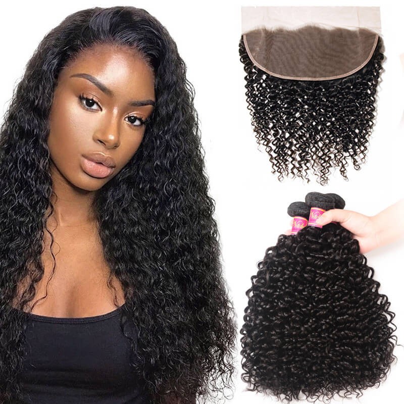 Kinky Curly Virgin Hair Weave 3 Bundles With Lace Frontal Closure
