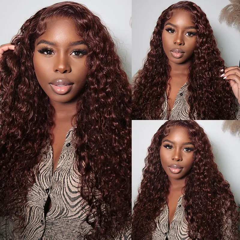 24'' Nadula Water Wave Dark Auburn Color Wig 13x4 Lace Front Reddish Brown Human Hair Wig 150% Density Pre-plucked With Baby Hair