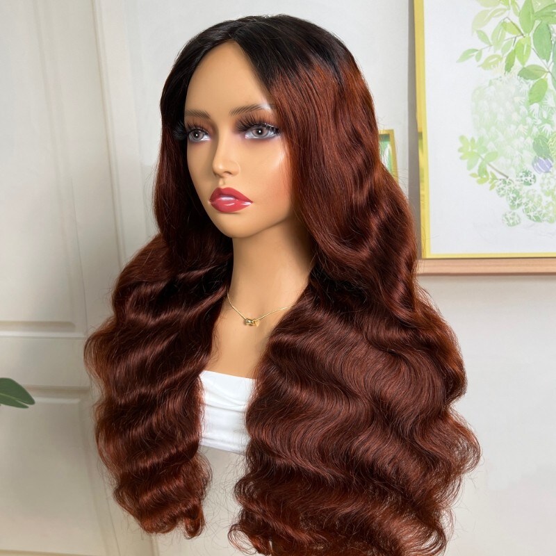 Nadula 18 Inch Reddish Brown Air Wig Glueless V Part Body Wave Wig with Hollow Out Breathable Cap Special For Buy One Get One Free Wig