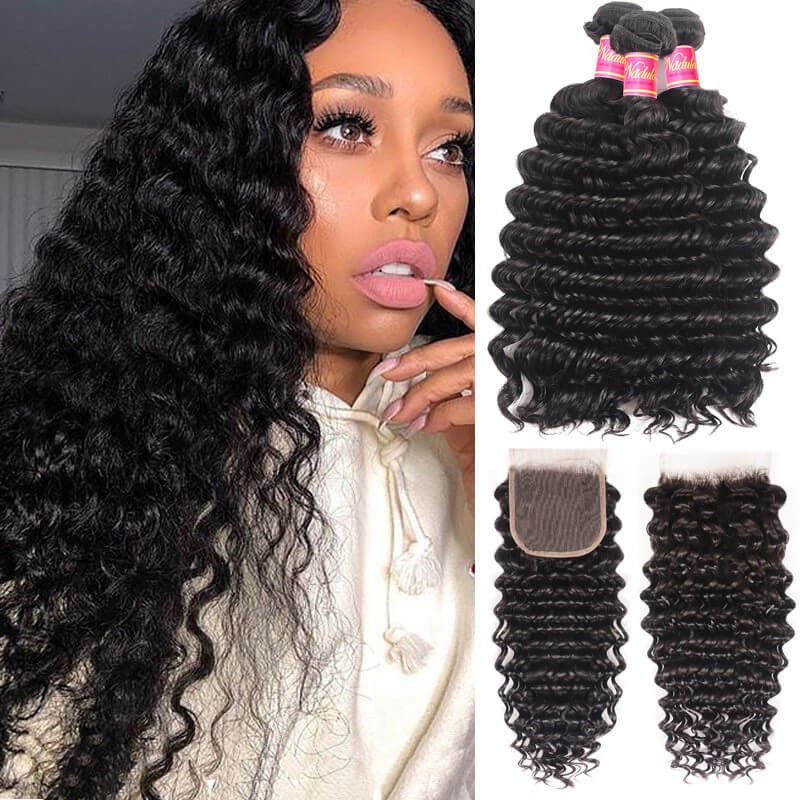Deep Wave Virgin Hair Weave 3 Bundles With Lace Closure Nadula