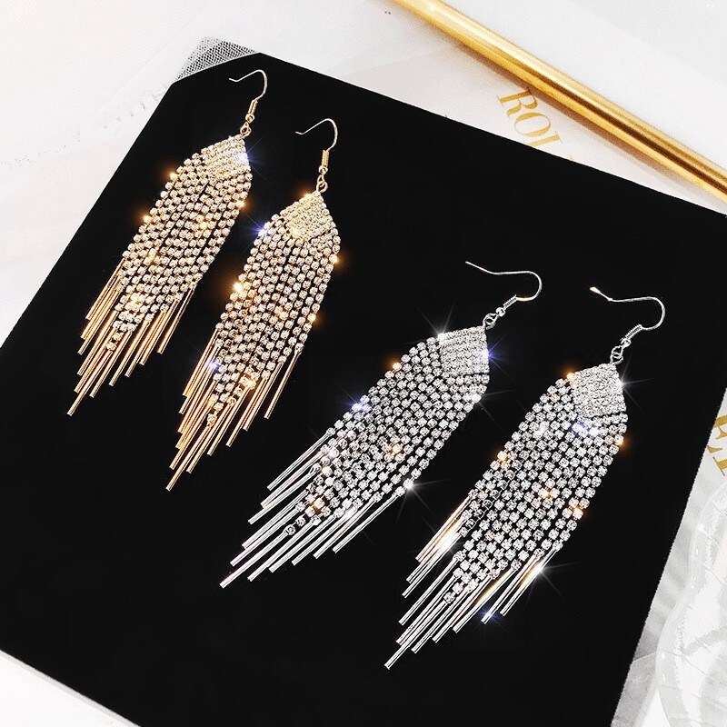 Nadula Luxury Rhinestone Crystal Earrings Hoop Tassel Long Earrings For Women