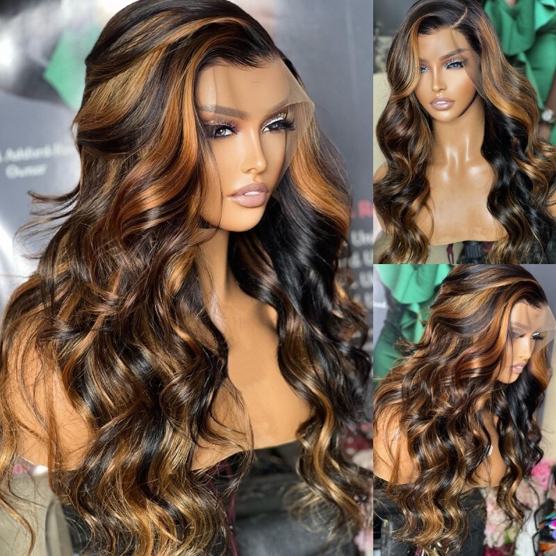 Nadula T Part Body Wave Human Hair Wigs Brown Color Highlights Wigs 150% Density