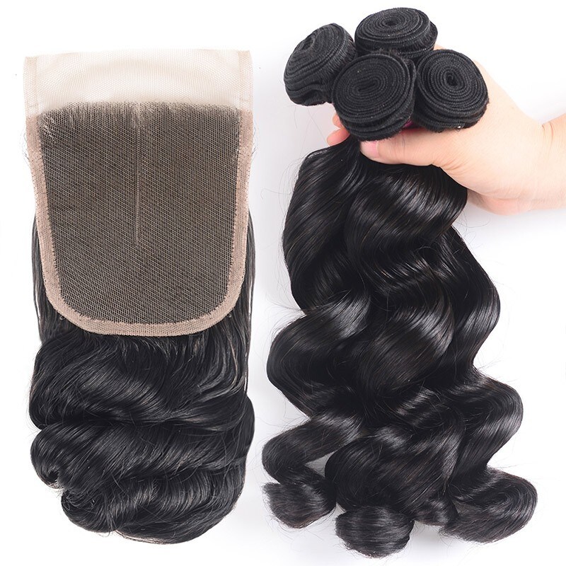 Nadula Human Hair Loose Wave 4X4 Lace Closure With Hair Weave 4 Bundles Free Shipping