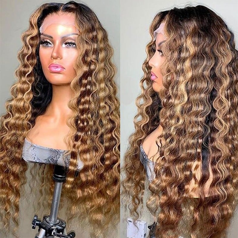 Nadula Flash Sale 20 Inch Honey Blonde Highlight Wig 13x4 Deep Wave Lace Frontal Wig With Pre Plucked 