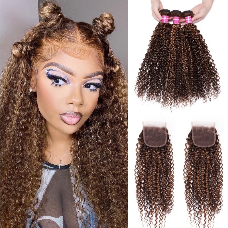 Nadula Curly Human Hair Bundles With Closure Honey Blond Highlight Brown Color 3 Bundles with Lace Closure