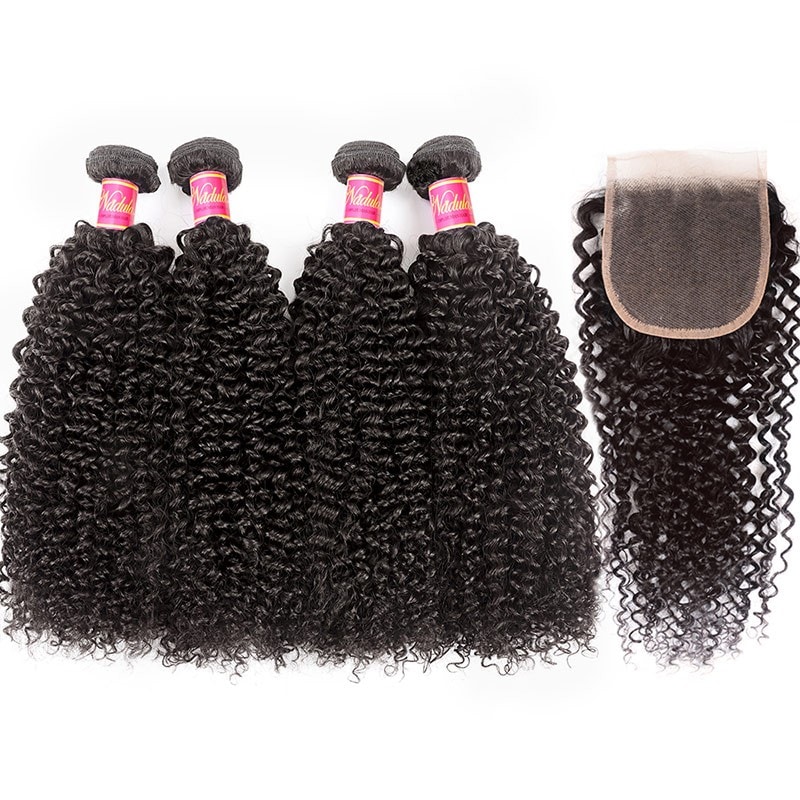 Nadula Kinky Curly 4 Bundles With 4×4 Lace Closure Unprocessed Human Hair Weave