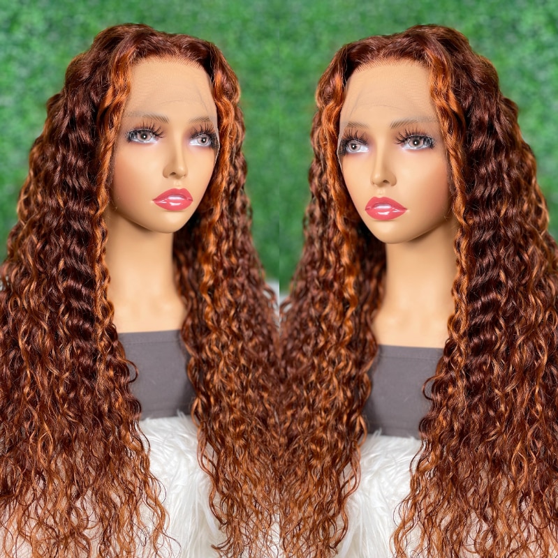 Nadula Lace Front Ginger And Copper Red Highligh Wig Water Wave 150% Density Wig