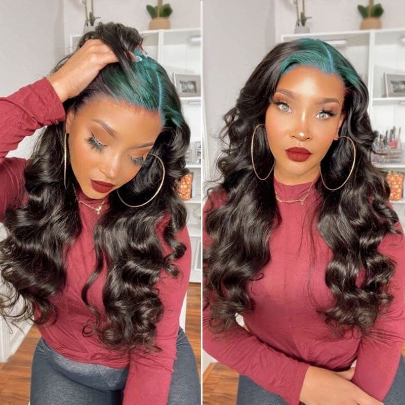 Nadula Lace Frontal Green Colored Roots Wig 13x4 Lace Front Loose Wave Sparkle Roots On Black Hair Wig 