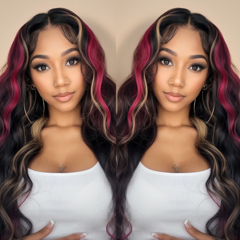 Nadula Multi Color Highlights Loose Wave 13x4 And 7x5 Blonde And Red Big Body Wave Wig