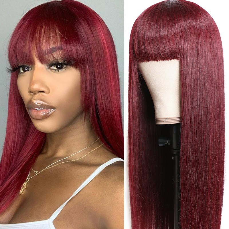 Nadula #99j Wig Straight Wig With Bang Burgundy Red Wig Capless Long Wig Glueless 100% Human Hair Wigs