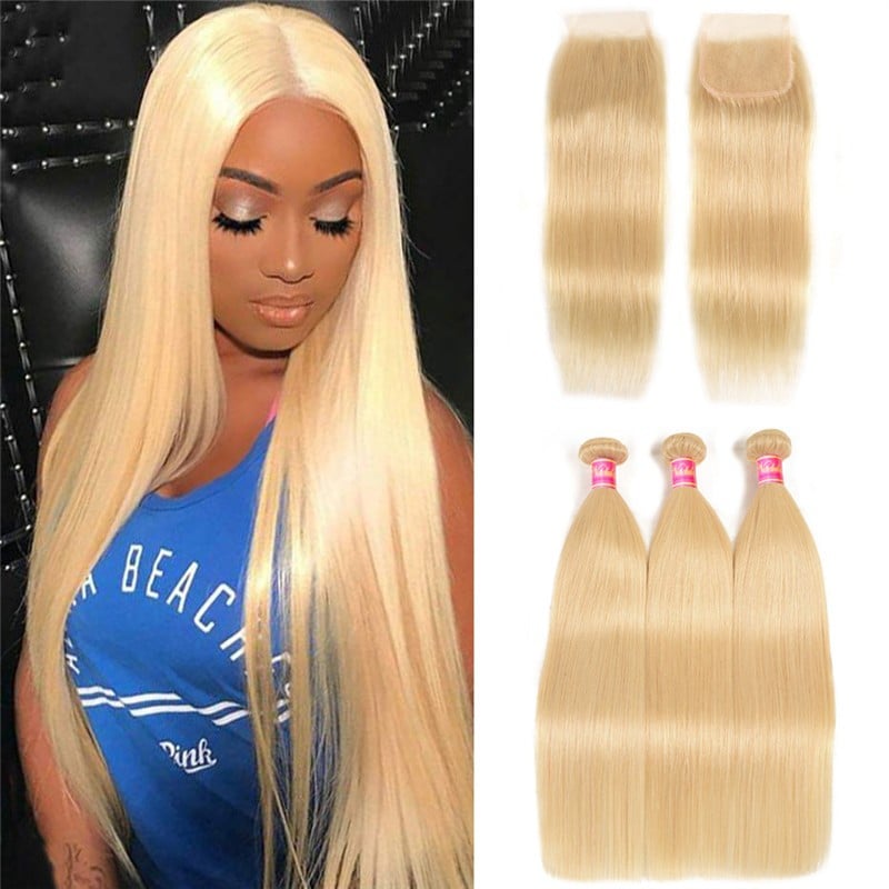 Nadula Blonde Hair Bundles With 4x4 Lace Closure 613 Blonde Straight Virgin Human Hair