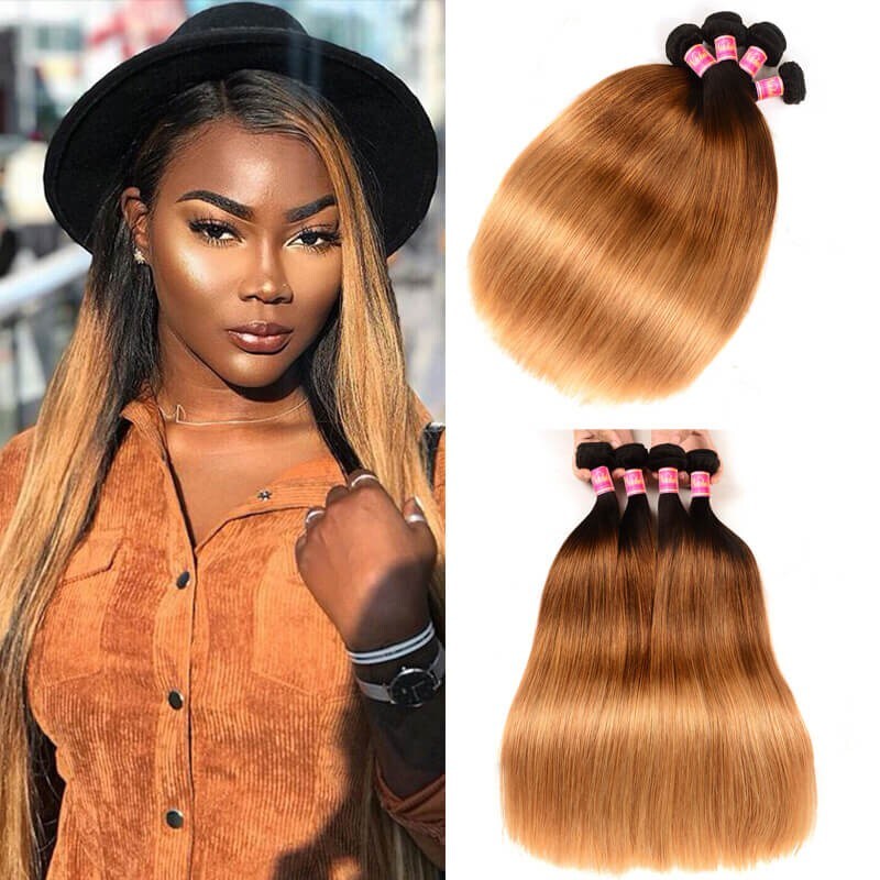 Nadula 4 Bundles Straight Ombre Hair Weave 3 Tone Color Ombre Human Hair Extensions