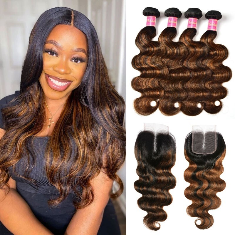 Nadula Balayage Ombre Body Wave Hair 4 Bundles With Lace Closure 1B/30 Ombre Virgin Human Hair With Closure