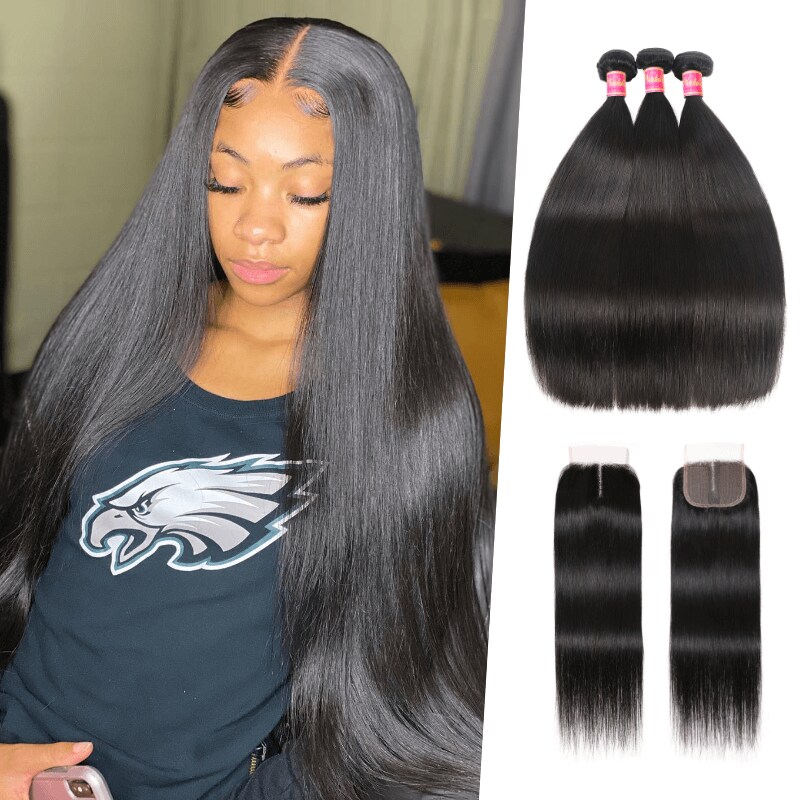 Nadula 4*0.75 Inch Middle Part Straight Virgin Hair Closure with 3 Bundles Soft Unprocessed Human Hair Weave